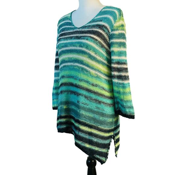 Chico's Asymmetric Hem Variegated Striped Sweater Turquoise Blue White Women M - Picture 2 of 10